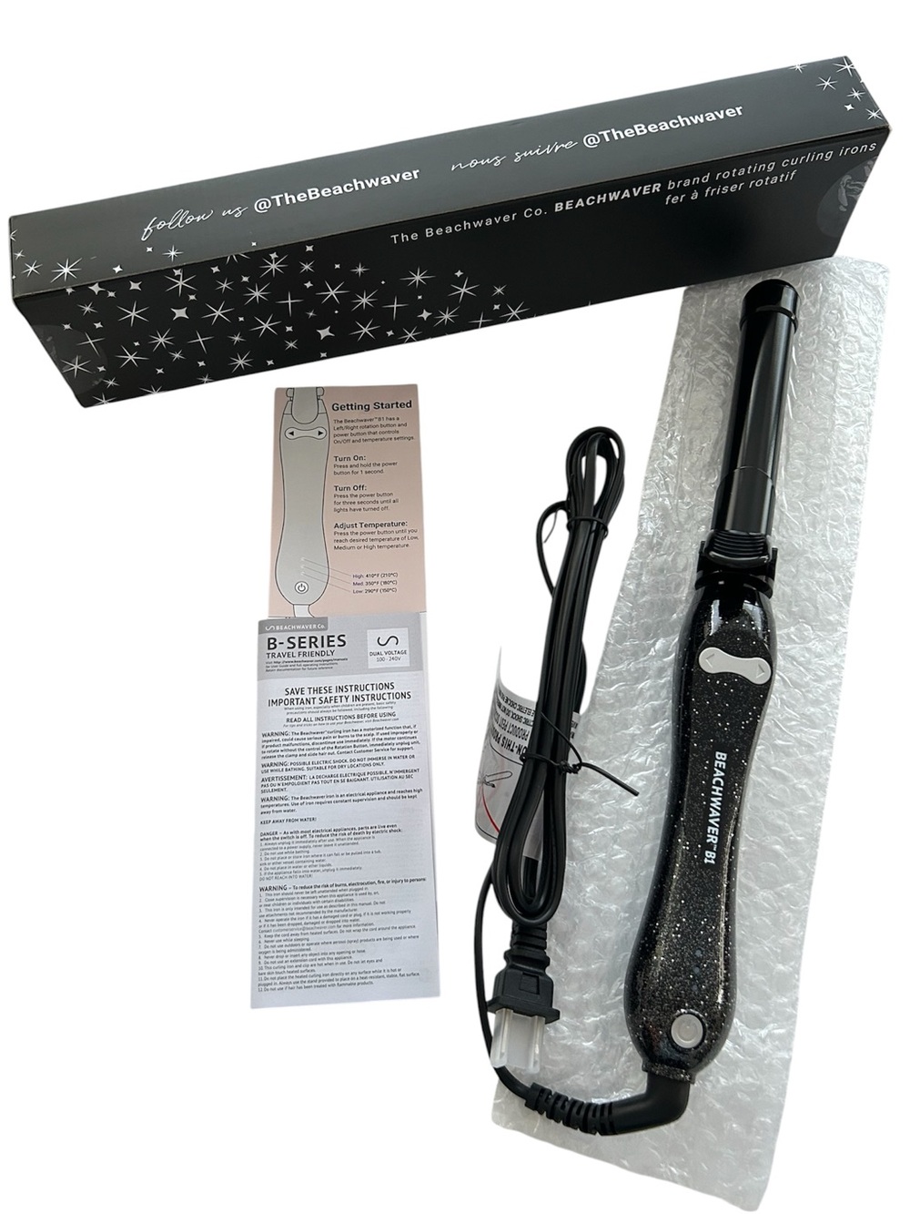 NIB Beachwaver B1 Black Glitter Rotating Curling Iron Ceramic Barrel Size 1” - Picture 3 of 7